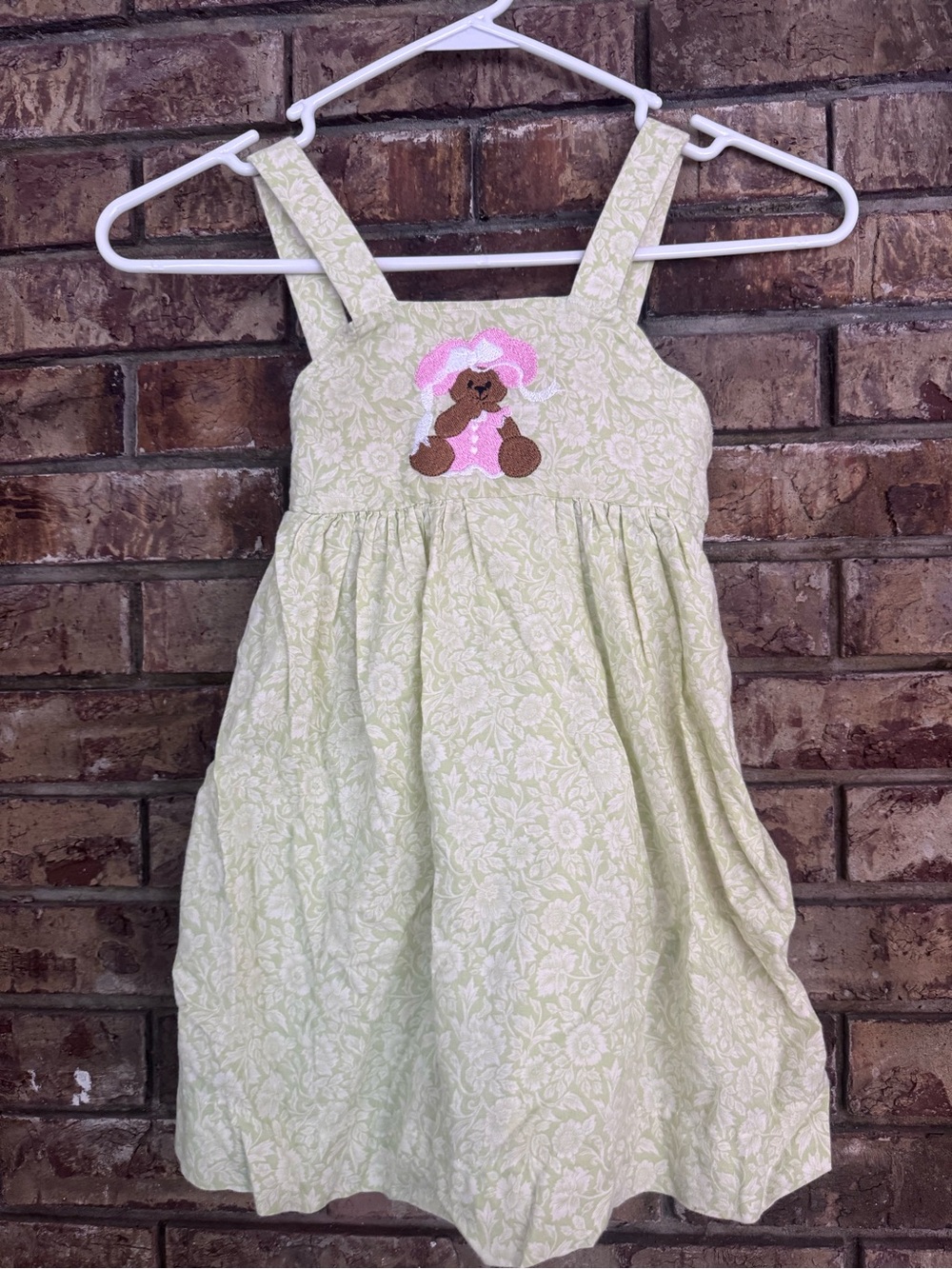 Toddler Girls' vintage Light Green Floral Sundress embroidered teddy bear dress